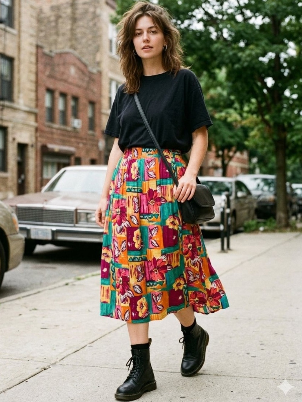 Vintage 90s Sag Harbor Vibrant Floral Patchwork Pleated Midi Skirt Pink & Green